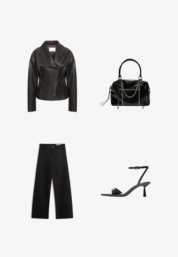 Brun læderjakke med bred krave, diagonal frontlynlås og skræddersyet silhuet. Har en glat tekstur og minimale syninger.; Sort langærmet cropped top med rund halsudskæring, ensfarvet design og let buet kant.; Sorte wide-leg denim bukser med høj talje, der har front- og baglommer, syede sømme og en knaplukning. Glat tekstur.; Bershka Højhælede sandaletter / Højhælede sandaler - black; Bershka WITH CHAIN - Håndtasker - black