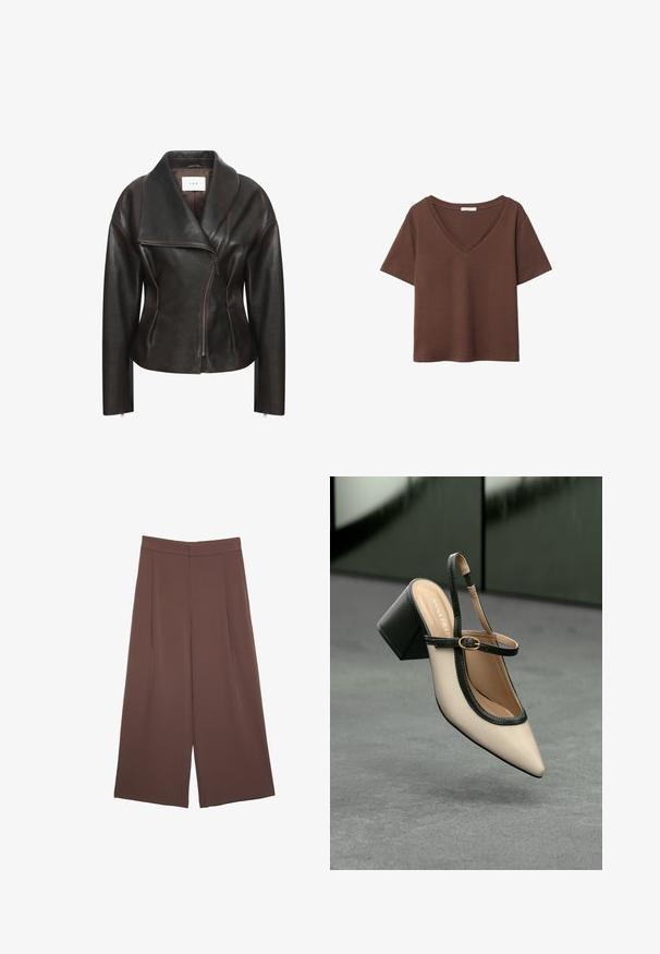 Brun læderjakke med bred krave, diagonal frontlynlås og skræddersyet silhuet. Har en glat tekstur og minimale syninger.; Brun bomulds t-shirt med korte ærmer og dyb V-hals. Enkel design, blød tekstur og lige kant. Ingen mønstre eller detaljer.; Brune bredbunde bukser med en glat tekstur, der har høj talje og plisseringer foran. Stoffet er let og falder løst.; Beige spids tå slingback sko med sort kant, guld spænde og en chunky blokhæl på grå gulv med mørkegrøn baggrund.