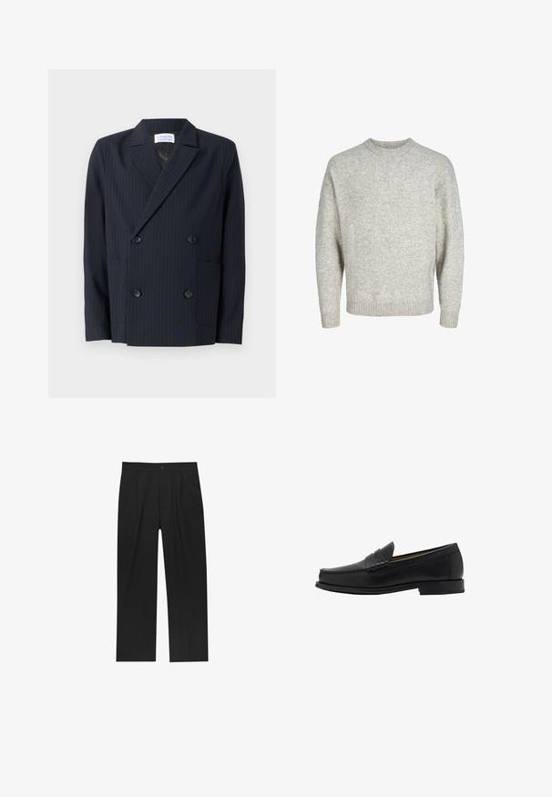 Dwurzędowa marynarka w ciemnogranatowym materiale w pionowe prążki. Posiada duże czarne guziki oraz dwie przednie kieszenie. Dopasowany krój.; Jasnoszary dzianinowy sweter z okrągłym dekoltem, opadającymi ramionami i ściągaczami, charakteryzujący się teksturowaną, lekko puszystą powierzchnią.; Biała koszula z długim rękawem wykonana z gładkiego materiału, z zapięciem na guziki z przodu. Posiada klasyczny kołnierzyk oraz guziki w kolorze mosiądzu wzdłuż zapięcia.; Czarne spodnie o prostym kroju, wykonane z gładkiego materiału. Posiadają zakładki z przodu i pojedyncze zapięcie na guziki w pasie.; Mango - Biznesowe loafersy