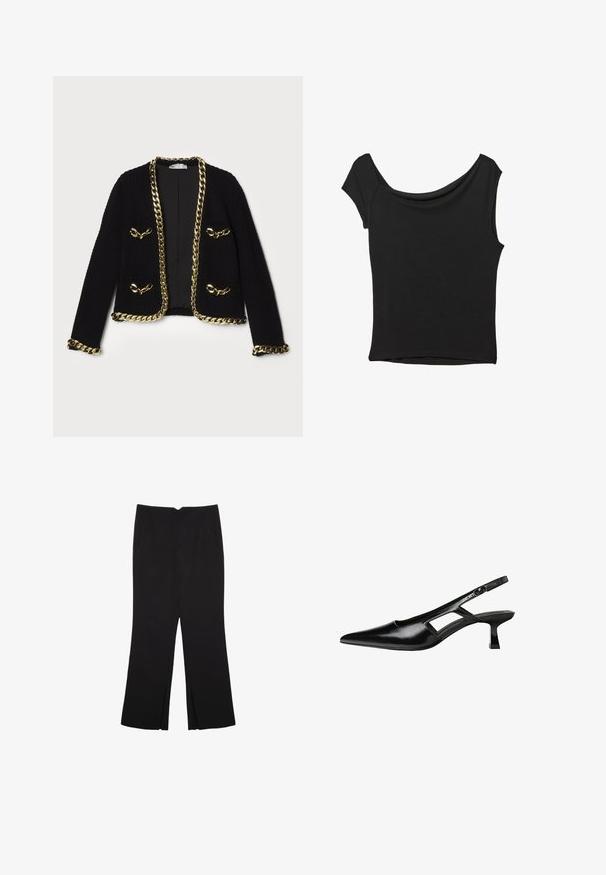 Czarna kurtka o teksturowanej fakturze z złotym łańcuchem wzdłuż krawędzi i kieszeni, z dekoracyjnymi elementami metalowymi na przodzie.; Czarna bluzka z krótkim rękawem, wykonana z gładkiego materiału; posiada dekolt w stylu drapowanym oraz asymetryczny dół, z dopasowanym krojem.; Czarne spodnie o prostym kroju, z przednimi kieszeniami i bocznymi rozcięciami na dole. Wykonane z miękkiego, gładkiego materiału. Odpowiednie na różne okazje.; Czarne lakierowane czółenka na odkrytej pięcie z wąskim noskiem, z wykrojem po bokach i małym kwadratowym obcasem. Gładka faktura z minimalnymi akcentami.