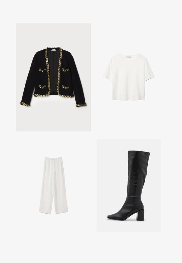 Svart texturerad jacka med guld kedjekant längs kanterna och fickorna, samt dekorativa metallaccenter på framsidan.; Vit t-shirt med kort ärm i bomull. Har en rundad halsringning och en avslappnad passform. Slät textur utan synliga mönster eller detaljer.; Vita vida byxor i vid passform gjorda av ett lättviktsmaterial. Har en elastisk midja med dragsko och sidofickor. Slät textur.; RAID BLICK - Stövel - black