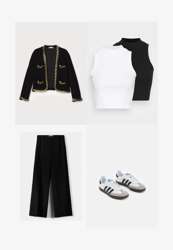Fekete textúrált dzseki aranylánc díszítéssel az élein és a zsebein, dekoratív fém kiegészítőkkel az elején.; Két ujjatlan, bordázott garbós top fekete és fehér színben, testhezálló kialakítással és sima textúrával, rövidített hosszal.; Fekete, bő szárú nadrág, könnyű anyagból, elöl gombos záródással és sima elfröccsenésű fazonnal, szépen varrott szegélyekkel.; Fehér bőr felsőrészes sportcipő, szürke velúrból készült orral és három fekete csíkkal. Jellemzője a kék logó a nyelvén és egy texturált gumitalp.