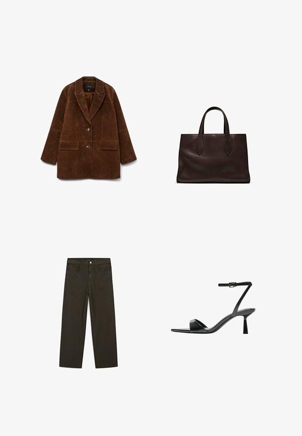 Brauner Wildleder-Blazer mit Reverskragen, zwei Vordertaschen und einem einzelnen Knopfverschluss. Weiche Textur und taillierte Silhouette.; Dunkelbraunes Kurzarm-T-Shirt mit Rundhalsausschnitt, schlichtes Design mit geripptem Kragen, mit dem Etikett Massimo Dutti am Kragen.; Dunkelgrüne Jeans im weit geschnittenen Style, hergestellt aus einem Baumwollgemisch. Sie verfügen über einen Frontknopfverschluss, fünf Taschen und klassische Denim-Nähte.; Bershka High Heel Sandalette - black; Braune Ledertasche mit zwei langen Griffen, strukturierte rechteckige Form, glatte Textur und dezente Nähdetails.