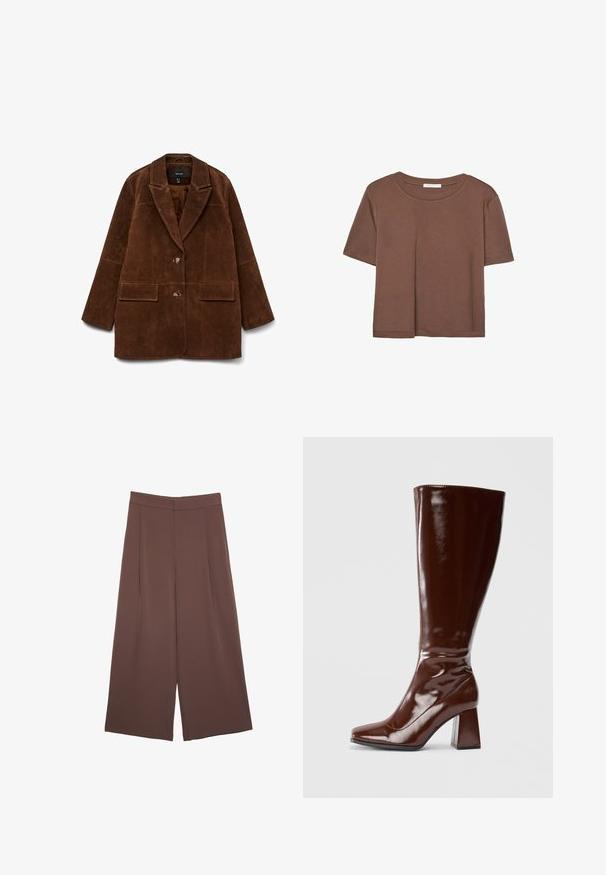 Brązowy zamszowy marynarka z klapami, dwoma przednimi kieszeniami i jednym zapięciem na guzik. Miękka faktura i dopasowany krój.; Brązowa koszulka z krótkim rękawem, wykonana z miękkiego materiału, z okrągłym dekoltem i luźnym krojem. Brak widocznych wzorów lub akcentów.; Brązowe spodnie o szerokich nogawkach z gładką fakturą, z wysokim stanem i plisami z przodu. Materiał jest lekki i luźno opada.; Brązowe, lakierowane botki do kolan z kwadratowym noskiem, błyszczącym wykończeniem i masywnym obcasem dla lepszej stabilności. Bezszwowy design bez widocznych detali.