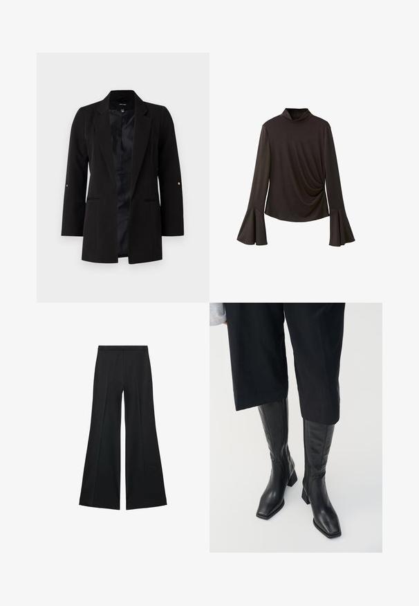 Blazer negru, croit, cu mâneci lungi, rever cu colț, buzunare frontale și căptușeală din satin. Îmbogățit cu accente aurii pe butoanele de la mâneci.; Top negru cu mânecă lungă, cu guler înalt, având mâneci evazate și detalii pliate pe lateral pentru textură. Fabricat dintr-un material elastic.; Pantaloni negri cu croială largă, având o textură netedă, cu pliseuri frontale și un design croit. Materialul este ușor și fluid.; Cizme negre din piele până la genunchi, cu vârful pătrat și toc pătrat. Au un fermoar lateral și o textură netedă.