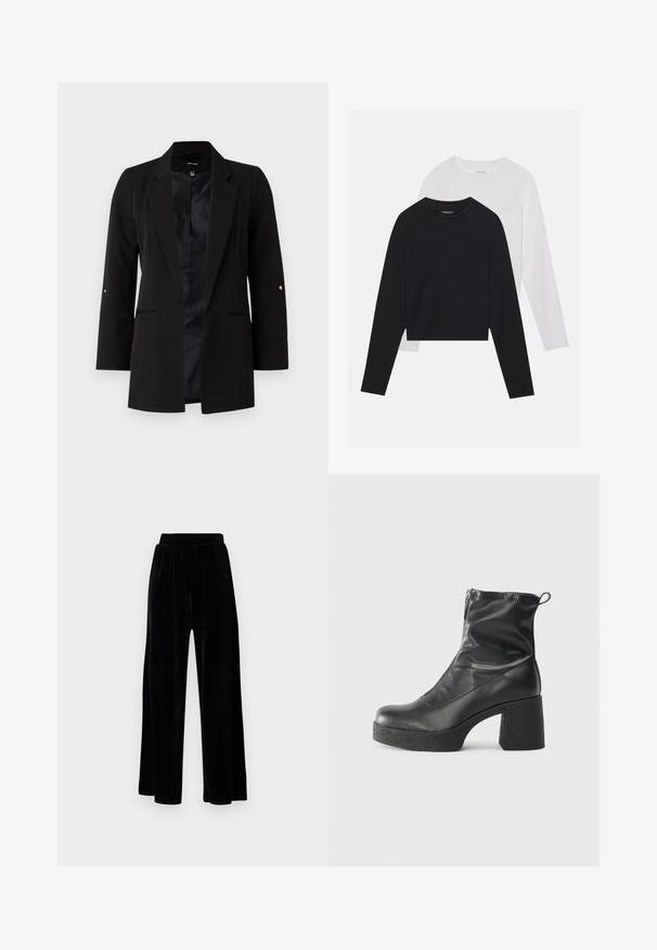 Crni sako prilagođenog kroja s dugim rukavima, s uzdužnim reverima, prednjim džepovima i satenskom oblogom. Sadrži zlatne akcentne detalje na gumbima rukava.; Dvije majice dugih rukava: jedna crna i jedna bijela. Obje imaju okrugli izrez, raglan rukave i mekani pamuk korišten za izradu.; Crne široke hlače od mekanog velura, s elastičnim pojasom i glatkom teksturom, bez vidljivih detalja ili uzoraka.; Crne gležnjače od glatke kože, s bočnim zatvaračem, debelim teksturiranim potplatom i dizajnom s zaobljenim prstima.