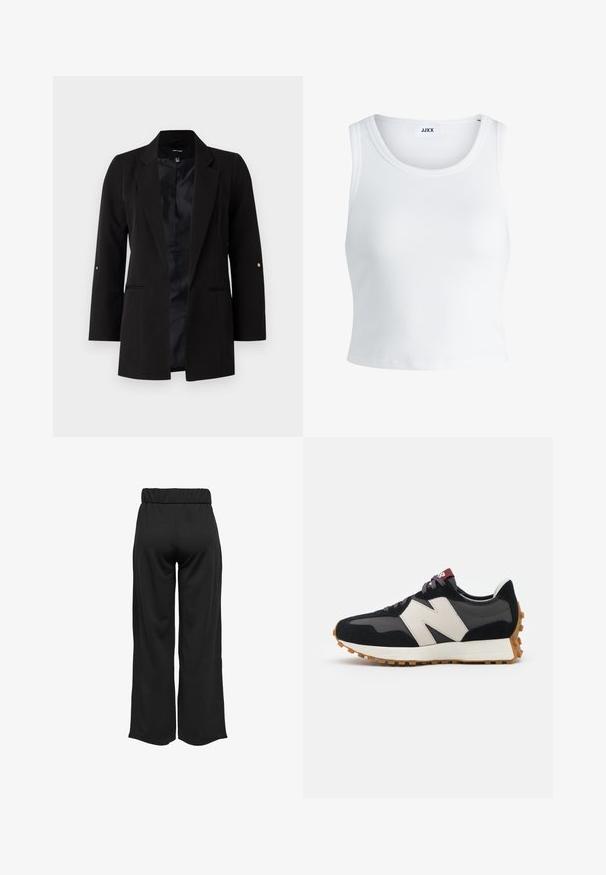 Mustikas värvi taljejakker, millel on pikad varrukad, lõhenenud krae, ees taskud ja satiinvooder. Varukate nuppudel on kuldsed detailid.; Valge ribakujuline tank top, millel on ümmargune kaelus, varrukateta disain ja lühike pikkus. Silt ütleb "JJXX." Sile kangast tekstuur.; Mustad, laiad püksid elastse vöökohtaga, valmistatud siledast kangast. Omab lihtsat disaini, ilma taskute või nähtavate õmbluste detailideta.; Mustmust ja halli nubukist tennisajal on suur kreemjas "N" logo, lilla paelad ja tekstureeritud kummist välispohja.