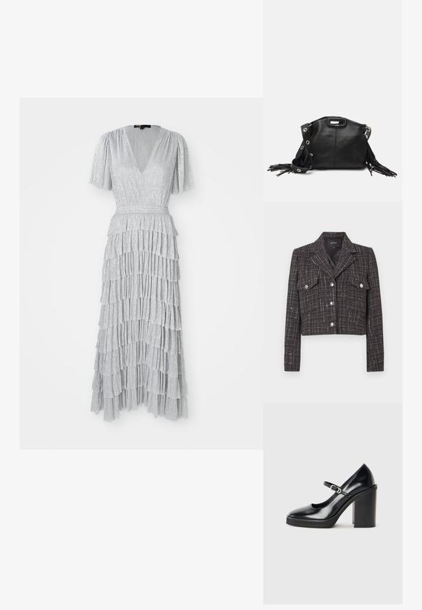 Korte jas in donker tweed met ruitpatroon, zilveren knopen, twee voorzakken en een reverskraag. Gevoerd interieur.; Zilveren jurk tot de knieën met een diepe V-hals, korte pofmouwen en een gelaagd ruchesontwerp. Gemaakt van een gestructureerde, glinsterende stof.; Zwarte lakleren hoge hak schoen met een ronde neus, enkelband, zilveren gesp detail en een stevige blokhak.; Maje MISS MINI - Schoudertas - noir