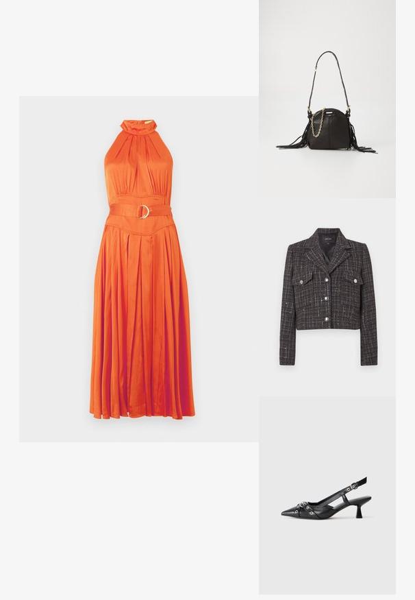 Kort jacka i mörkt tweed med rutig mönster, silverknappar, två framfickor och en kavajslag. Fodrad insida.; Orange halterneck klänning med plisserad kjol, samlad halsringning och knytning i midjan med en cirkulär spänndetalj. Snygg, slät tyg.; Svart lädersko med slingback-design, spetsig tå, dekorativa remmar med metallöglor och en låg klack. Texturerad yta.; Svart läderhandväska med rundad form, som har fransdetaljer, en lång axelrem och ett guldkedjedetalj.