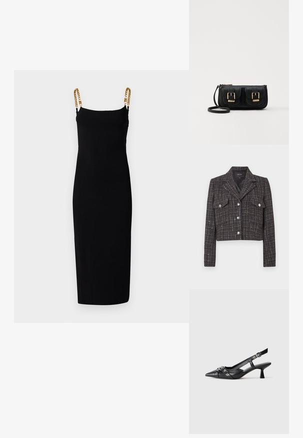 Jachetă scurtă din lână tartan închisă la culoare, cu model în carouri, nasturi argintii, două buzunare frontale și rever cu creastă. Interior căptușit.; Rochie neagră fără mâneci, cu o siluetă ajustată, având accente din lanțuri aurii pe bretele. Fabricată dintr-un material elastic pentru confort.; Pantofii slingback din piele neagră, cu vârful ascuțit, curele decorative cu ochiuri din metal și toc bloc mic. Suprafață texturată.; Geantă neagră din piele, tip crossbody, cu două buzunare frontale, catarame aurii, închidere cu fermoar și o curea subțire. Suprafață texturată și formă rectangulară compactă.