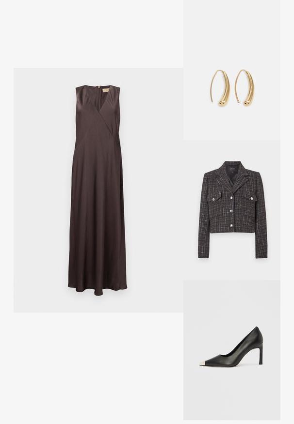 Cropped jacket in dark tweed with a check pattern, silver buttons, two front pockets, and a notched collar. Lined interior.; Dark brown, sleeveless maxi dress with a crossover design. Smooth, matte fabric. Closed with a back zipper. Floor-length with a relaxed fit.; Black leather high heel shoe with a pointed toe and a metallic silver cap. Features a smooth finish and a slender 10 cm heel.; Black leather handbag with double handles, gold lock and chain detail, and black-and-white tassel accessory against white background.; Gold-tone metal hoop earrings with a curved, elongated shape. Features a smooth, shiny surface and a rounded tip for added detail.