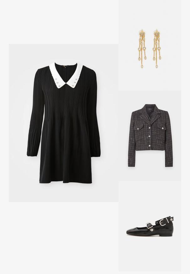 Jachetă scurtă din lână tartan închisă la culoare, cu model în carouri, nasturi argintii, două buzunare frontale și rever cu creastă. Interior căptușit.; Rochie neagră cu mâneci lungi, prezentând un guler alb în stil Peter Pan cu margini cusute și embellishments decorative. Fabricată dintr-un material pliat.; Pantofii plano din piele patent neagră, cu vârful pătrat, curea de gleznă cu accesorii din argint și talpă plată. Textură netedă cu un design minimalist.; Cercei aurii cu multiple lanțuri suspendate, având accente din rhinestone ovale clare și capete decorative cu tighel.