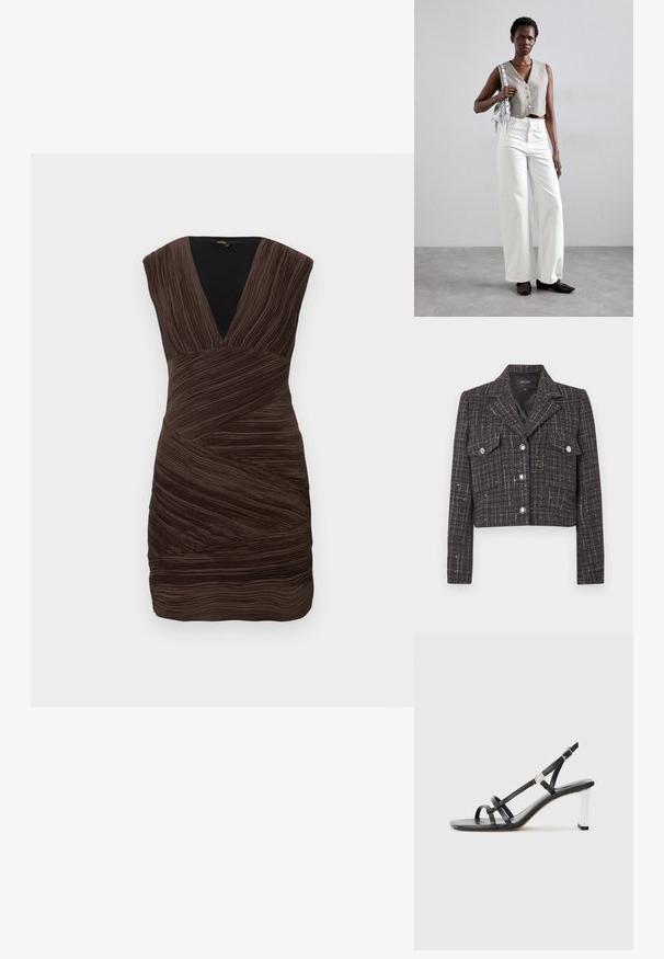 Īss tumša tvīda žakete ar rūtainu rakstu, sudraba pogām, divām priekšējām kabatām un iezīmētu apkakli. Oderēts iekšpuse.; Brūna, teksturēta kleita ar dziļu V veida kakla izgriezumu un īsām, strukturētām piedurknēm. Izceļas ar ručotu dizainu ar diagonālām krokām visā kleitā.; Melni papēžu sandales ar vairākiem šauriem siksniņām, slingback dizains un sudraba akcenti uz papēža. Gluda augšējā materiāla un kvadrātveida papēdis.; Pelēks īss vests ar pogām, apvienots ar baltām platām biksēm un melniem plakanajiem apaviem. Aksesuārs - mazs sudraba frizētājs.