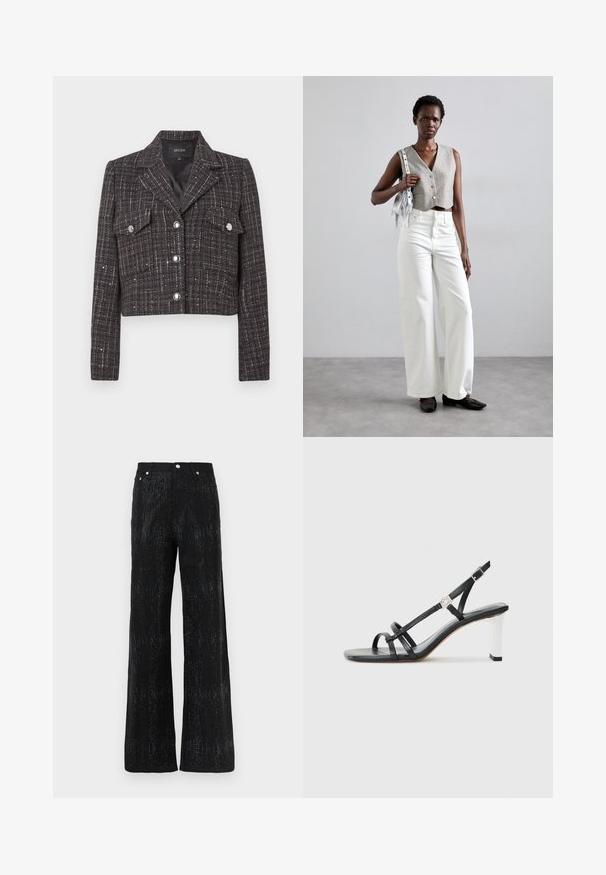 Lühendatud jakk tumedas tviidis ruudulise mustriga, hõbedaste nuppude, kahe ees tasku ja sisselõigetega kraega. Voodriga sisemus.; Must mustaga pusa pikkade varrukatega, millel on pitsist overlay ja litrite detailid, kaelarihmaga lipsu ja lühendatud disainiga.; Mustad laiad püksid tekstuurse pinna ja särava mustriga. Viimistletud standardse vöökoha ja metallnupu aktsentidega.; Mustad musta värvi kontsaga sandaalid mitme kitsaste rihmaga, slingback disainiga ja hõbedase aktsendiga kontsal. Sile ülemine materjal ja kvartskonts.; Hallitatud hall vest nööpidega, koos valgete laia säärega teksade ja mustade lameda tallaga kingadega. Kaunistatud väikese hõbedase frantsiisiga kotiga.