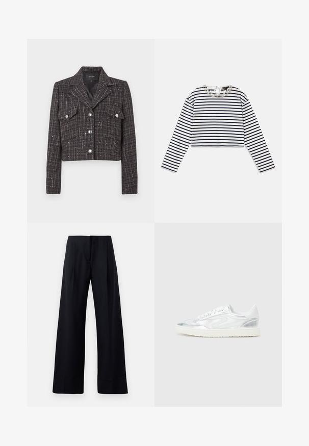 Lühendatud jakk tumedas tviidis ruudulise mustriga, hõbedaste nuppude, kahe ees tasku ja sisselõigetega kraega. Voodriga sisemus.; Ribidega valge ja tumesinise tooniga pika varrukaga topp, lühikese disainiga ümmarguse kaelusega, millel on dekoratiivne hõbedane kett kaeluse detailina.; Mustad, pinstripe püksid laia säärega disainiga, teravate voldikute ja puhta viimistlusega. Valmistatud sujuvast ja kergest kangast.; Valged tennisjalanõud metallik hõbedaste aktsentidega, sile tekstuur, ümar varvas, tasane põhi ja traditsiooniline paeltega sulgemine.