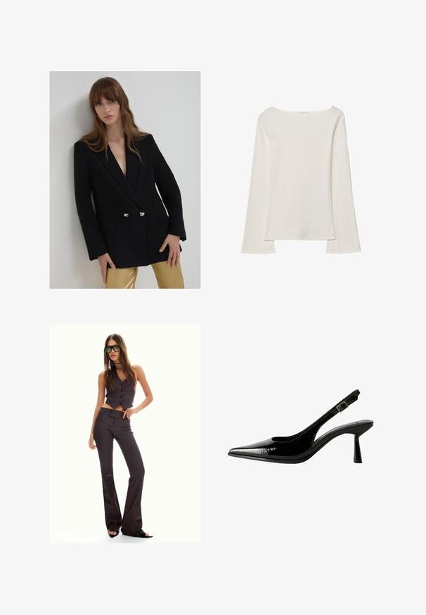 Blazer nero doppiopetto con profondo scollo a V, dettagli in metallo dorato e maniche allungate, abbinato a pantaloni dorati lucidi.; Top crema a maniche lunghe con scollo ampio e maniche svasate. Tessuto liscio e leggero. Design semplice e minimalista senza decorazioni.; Gilet corto a righe marroni e pantaloni a zampa d'elefante, con bottoni e un tessuto testurizzato. Scarpe nere con apertura davanti e occhiali da sole oversize.; Pumps slingback in vernice nera con punta affilata, lati sagomati, cinturino alla caviglia regolabile e tacco sottile e slanciato.