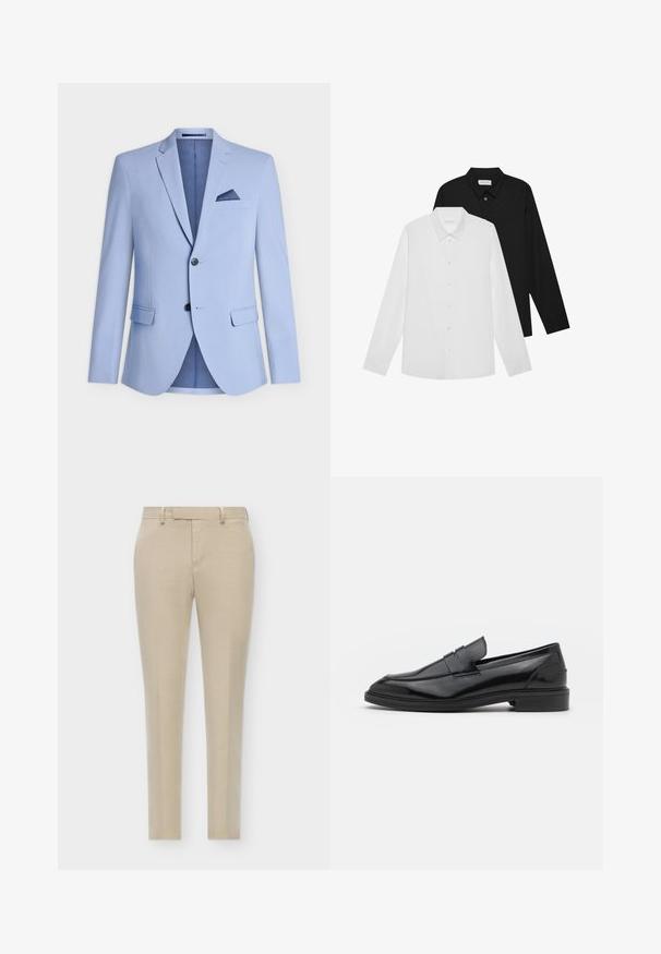 Šviesiai mėlynas švarkas, pagamintas iš lygaus audinio, su nupjautu apykakle, dviem priekinėmis kišenėmis, dviem mygtukais ir krūtine kišene, akcentuota tamsiai mėlyna spalva.; Balti ir balti ilgomis rankovėmis marškiniai su smailiais apykaklėmis, priekiniais mygtukais ir lygiu audiniu. Etiketės matomos vidinėje apykaklės pusėje.; Smėlio spalvos pritaikyti kelnių su siauru siluetu, su plokščiu priekiu, diskretiškomis šoninėmis kišenėmis ir lygiu, tekstūruotu audiniu.; Juodos odinės loafers batai su lygiu paviršiumi, turintys apvalią noselę ir siaurą juostelę per viršų. Žemas sluoksnis kulnas.