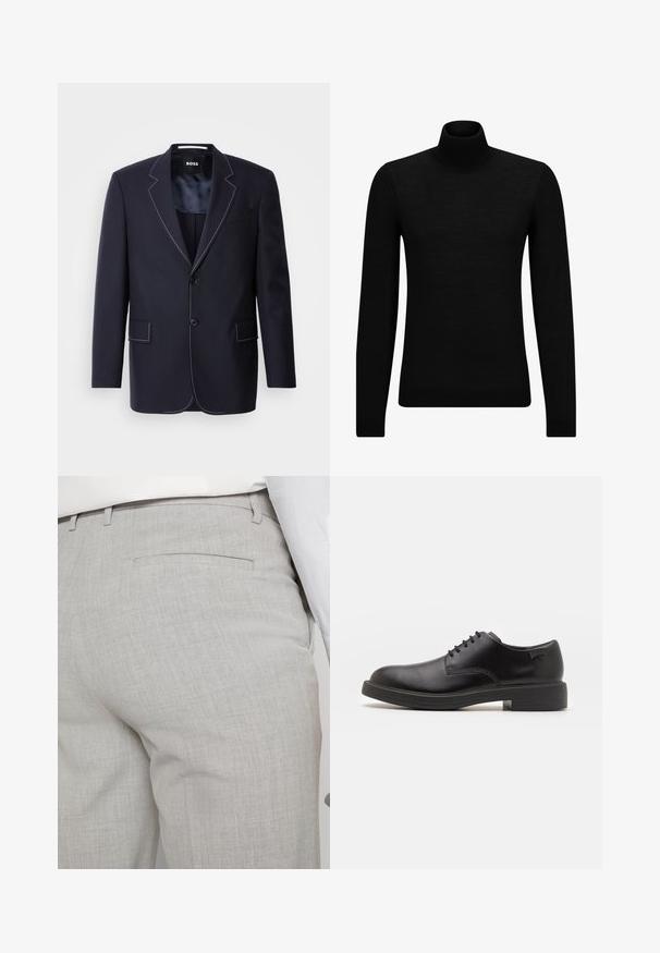 Tumesinine bleiser, mis on valmistatud kangast, millel on kontrastsed valged tikandid krae ja servade ääres, kaks eesmist taskut ja ühe nööbiga kinnitamine.; Musthave muströid ja pehmest materjalist must turtleneck, millel on pikad varrukad ja tihe istuvus. Ribaga ääris allservas ja vöökohal. Lihtne disain.; Heledat hallid kohandatud püksid tekstuurse kangaga, millel on üks tagatasku ja puhas õmblus.; Must beemel levalis kingad ümarate varvastega, sileda pinnaga, minimaalsete õmblustega ja madala kummist kontsaga. Logo kontsa peal.