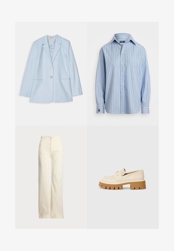 Blazer azzurro chiaro con design su misura, dotato di due tasche frontali, chiusura a un bottone e rever a punta. Tessuto morbido.; Camicia a maniche lunghe azzurro chiaro con righe verticali bianche e marroni, chiusura con bottoni frontale e un piccolo logo sul polsino sinistro. Tessuto morbido.; Polo Ralph Lauren COTTON CORDUROY WIDE-LEG PANT - Pantaloni - warm white; Mocassini beige con una cintura testurizzata color crema, caratterizzati da una suola spessa marrone con motivi a denti. Accento dorato sul dettaglio della fibbia.