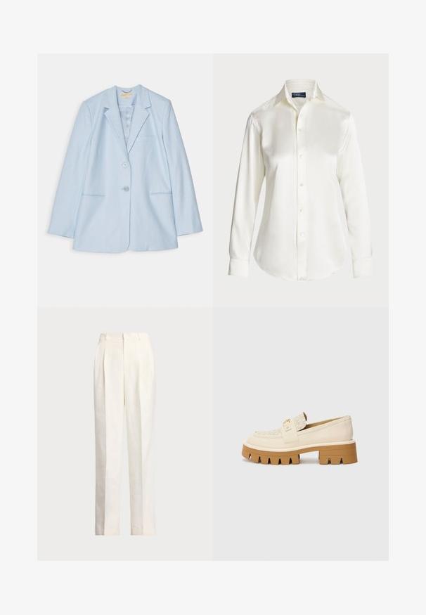 Light blue blazer with a tailored design, featuring two front pockets, a single button closure, and notch lapels. Smooth fabric texture.; White long-sleeve button-up shirt, made of smooth fabric, featuring a classic collar and subtle shine, with a rounded hem and button details.; Polo Ralph Lauren HEMP WIDE LEG PANT - Trousers - nevis; Beige loafers with a textured cream strap, featuring a chunky brown sole with teeth-like patterns. Gold accent on the buckle detail.