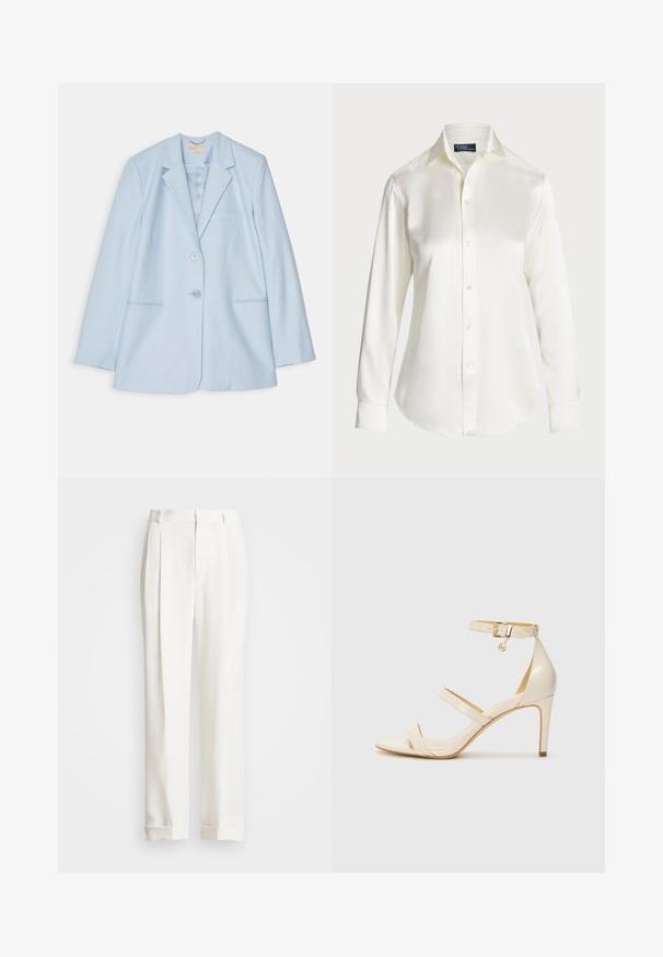 Svetle modrý blejzr s přizpůsobeným střihem, se dvěma předními kapsami, zapínáním na jeden knoflík a klopami do tvaru notche. Hladká textilie.; Bílá košile s dlouhým rukávem a knoflíkovým zapínáním, vyrobená z hladkého materiálu, s klasickým límcem a jemným leskem, s zaobleným spodním lemem a detaily na knoflících.; Bílé upravené kalhoty s dvěma předními sklady, rovného střihu a s přehnutými lemy. Vyrobené z hladké látky, s klasickým designem.; Béžové sandály na vysokém podpatku s tenkým páskem přes kotník a dvěma horními pásky. Lesklý lakový povrch a zlaté detaily na pásku kolem kotníku.