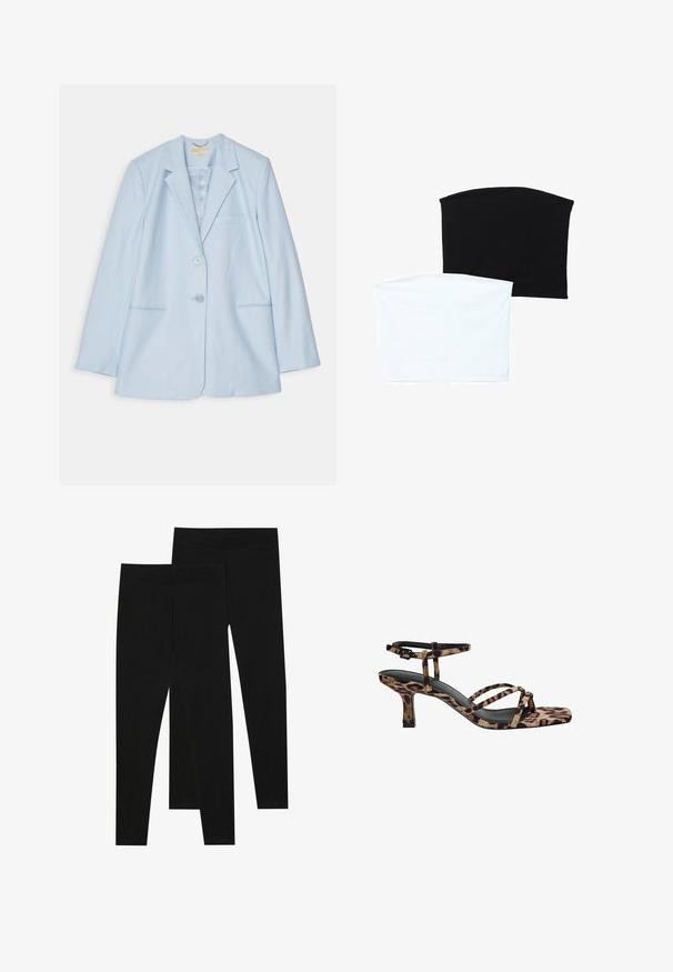 Svetlomodrý blejzer s upraveným strihom, ktorý má dve predné vrecká, zapínanie na jeden gombík a výstrih s klopami. Hladká textúra látky.; Dva bezšvové šály: jeden čierny a jeden biely. Obe sú vyrobené z mäkkej, elastickej látky a majú hladkú textúru bez vzorov.; Čierne legíny vyrobené z elastického materiálu, s bezšvovým pásom a elegantným strihom, vhodné na bežné nosenie alebo cvičenie.; Sandále na podpätku s leopardím vzorom, s hranatou špičkou, viacerými popruhmi a stredne vysokým podpätkom. Vyrobené z mäkkého textilného materiálu.