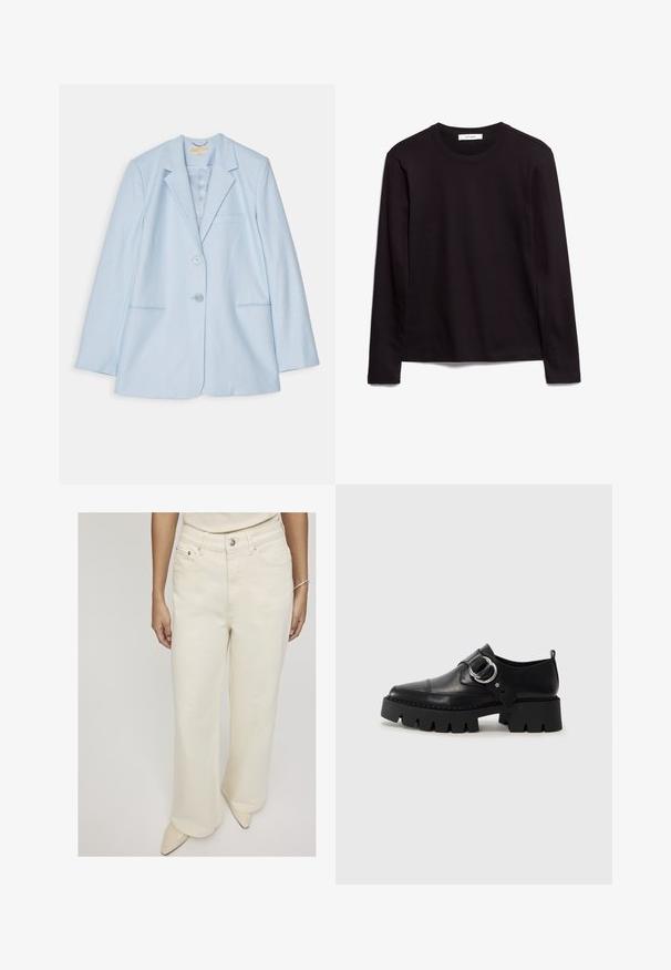 Lys blå blazer med skreddersydd design, som har to framlommer, en enkel knappelukking og splitterlapeller. Glatt tøytekstur.; Svart langermet t-skjorte med rund hals laget av teksturert stoff, med rett nederkant og sømdetaljer på kragen og skuldrene.; Kremfargede vidde jeans laget av denim, med høy livhøyde, frontlommer og en enkeltknapplukking for en avslappet passform.; Sorte læringssko med en kraftig ribbet såle, som har en sirkulær sølvfarget detalj og minimal sømdekorasjon.