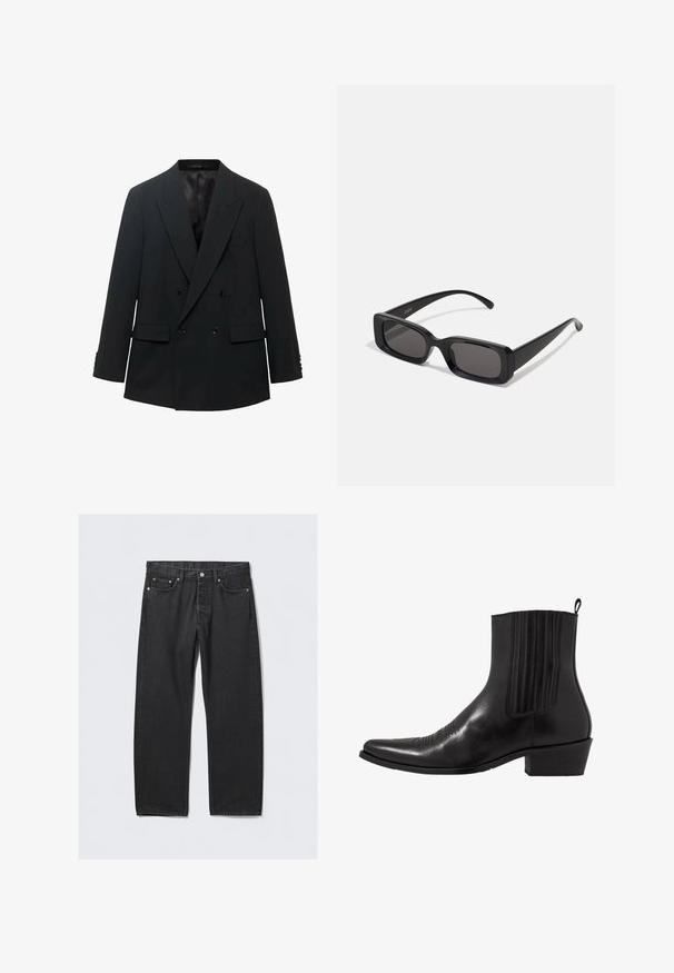 Czarna dwurzędowa marynarka z wyłogami, dwoma przednimi kieszeniami i zapinanymi rękawami. Wykończona gładkim satynowym podszewką.; Biała, długosleeve koszula zapinana na guziki, wykonana z gładkiego materiału. Posiada klasyczny kołnierzyk, guziki z przodu oraz mankiety zapinane na jeden guzik. Slim fit.; Czarne dżinsy z prostymi nogawkami, zapinane na guziki, z pięcioma kieszeniami i mosiężnymi akcentami. Gładka tekstura.; Czarne skórzane botki za kostkę z wąskim noskiem, elastycznymi bocznymi panelami, pionowymi przeszyciami i niskim słupkowym obcasem.; Czarne prostokątne okulary przeciwsłoneczne z ciemnymi szkłami, błyszczącym wykończeniem, szerokimi zausznikami i masywną konstrukcją. Wygrawerowana nazwa marki na jednym z zauszników.; Burgundzka jedwabna krawat, wąski kształt z gładką teksturą. Posiada spiczasty koniec, jednolitą kolorystykę i gładkie wykończenie.