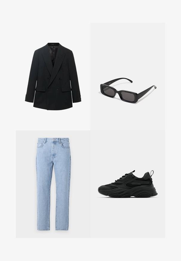 Sacou negru cu două rânduri de nasturi, cu rever ascuțit, două buzunare frontale și mâneci cu nasturi. Finisat cu o căptușeală interioară din satin moale.; Camasa albă cu mâneci lungi, cu nasturi, confecționată dintr-un material neted. Dispune de un guler clasic, nasturi pe față și manșete cu un singur nasture. Design ajustat.; Jeans de blugi de culoare bleu deschis, cu un design drept, cinci buzunare și închidere cu buton. Textură moale cu un finisaj clasic, decolorat.; Adidași fitness negri cu o talpă masivă, panouri din plasă și accente din cauciuc. Au un tab de tragere la călcâi și modele texturate.; Ochelari de soare negri, cu ramă rectangulară, lentile întunecate, finisaj lucios, brațe late și un design masiv. Numele mărcii gravat pe una dintre brațe.; Cravat din mătase burgundă, cu formă îngustă și textură uniformă. Prezintă o vârf ascuțit, o culoare constantă și un finisaj neted.