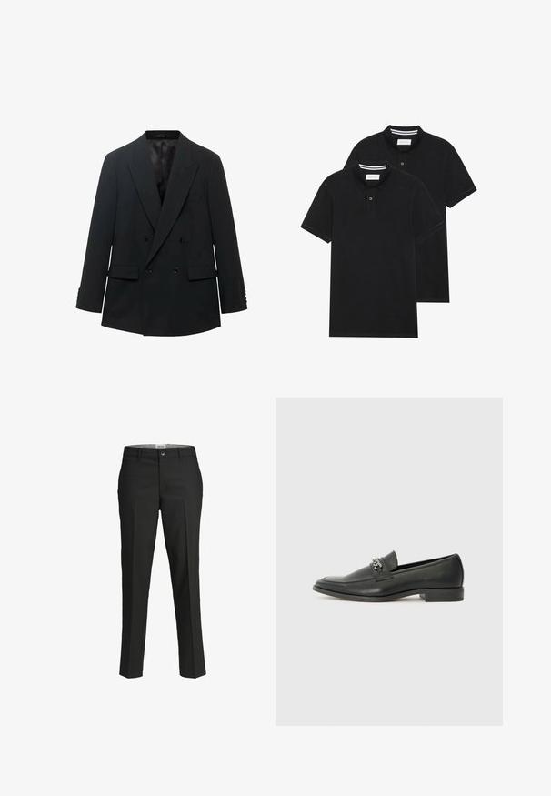 Schwarzer, doppelt geknöpfter Blazer mit spitzen Revers, zwei Vordertaschen und knöpfbaren Ärmeln. Ausgestattet mit einem glatten Satin-Innenfutter.; Zwei schwarze Polohemden, kurzärmlig, aus Baumwolle, mit einem klassischen Kragen, zwei Knöpfen und weißen Streifenakzenten im Inneren des Kragens.; Schwarze Hosen, taillierte Passform, glattes Material, mittelhoher Bund, vorderer Knopfverschluss, schräge Taschen und Bügelfalten entlang der Beine.; Schwarzer Lederloafer mit glatter Oberfläche, ausgestattet mit einer gesteppten Gestaltung und einem dekorativen Metallkettendetail über dem Vorderblatt. Flacher Absatz.