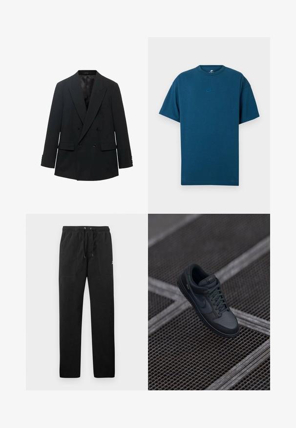 Black double-breasted blazer with peaked lapels, two front pockets, and buttoned sleeves. Finished with a smooth satin inner lining.; Blue cotton T-shirt featuring short sleeves, a crew neckline, and a small, light blue Nike logo on the chest. Soft texture, relaxed fit.; Black sweatpants made of fleece, featuring an elastic waistband with drawstrings, two front pockets, and a small logo on the thigh.; Black leather Nike sneaker featuring a rounded toe, perforated vamp, and textured rubber sole. Includes laces and subtle branding.