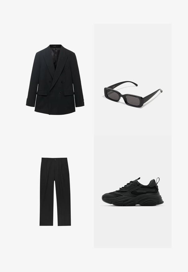 Čierny dvojradový blejzer s výkonnými klopami, dvoma prednými vreckami a zapínaním na gombíky na rukávoch. Dokončený hladkým saténovým vnútorným podšívaním.; Čierny top bez rukávov s okrúhlym výstrihom a širokými ramienkami. Vyrobený z mäkkej tkaniny, s hladkou textúrou a jednoduchým dizajnom.; Čierne nohavice s rovnými nohavicami, vyrobené z hladkej tkaniny. Majú predné puky a jediné gombíkové zapínanie v páse.; Čierne športové tenisky s mohutnou podrážkou, sieťovinovými panelmi a gumovými akcentmi. Majú pútko na päte a textúrované vzory.; Čierne obdĺžnikové slnečné okuliare s tmavými šošovkami, lesklým povrchom, širokými ramenami a robustným rámovým dizajnom. Vygravírované meno značky na jednom ramene.