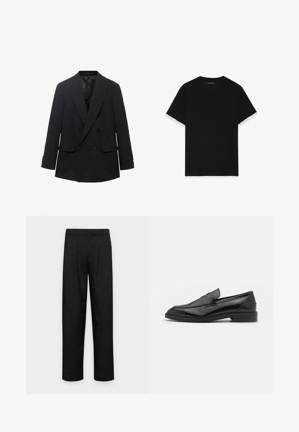 Schwarzer, doppelt geknöpfter Blazer mit spitzen Revers, zwei Vordertaschen und knöpfbaren Ärmeln. Ausgestattet mit einem glatten Satin-Innenfutter.; Schwarzes T-Shirt mit kurzen Ärmeln aus strukturiertem Stoff, mit weißen Akzenten an den Bündchen. Gerundetem Halsausschnitt, lockere Passform.; Schwarze Hose aus glattem Stoff, mit geradem Bein Design, zwei vorderen Falten und einem Standardbund mit Gürtelschlaufen.; Schwarze Lederloafers mit glatter Oberfläche, runder Spitze und schmalem Riemen über dem Obermaterial. Niedriger, gestapelter Absatz.