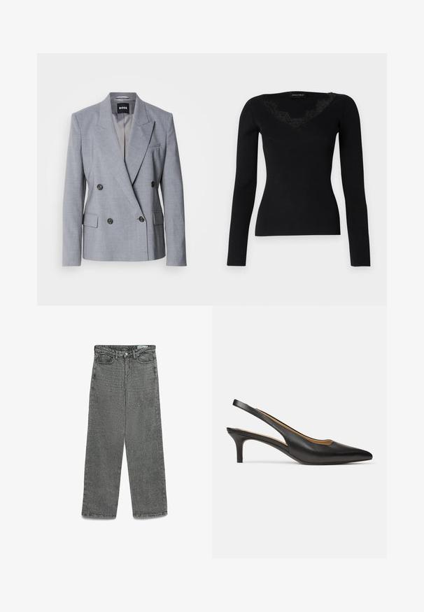 Lichtgrijze, dubbelknopsgemaakt blazer van textuurstof, met een pieklapels, twee voorzakken en zwarte knopen. De binnenkant is gevoerd.; Zwarte langemouwen rib gebreide top met een V-hals en kanten accenten. De stof voelt glad en aansluitend aan, geschikt voor gelaagde looks.; Grijs hooggeknoopt jeans met een rechte pijp, knoop- en ritssluiting, riemlussen en voor- en achterzakken.; Zwarte leren slingback pump met puntschoen en lage kittenheel, zijaanzicht op een effen witte achtergrond.
