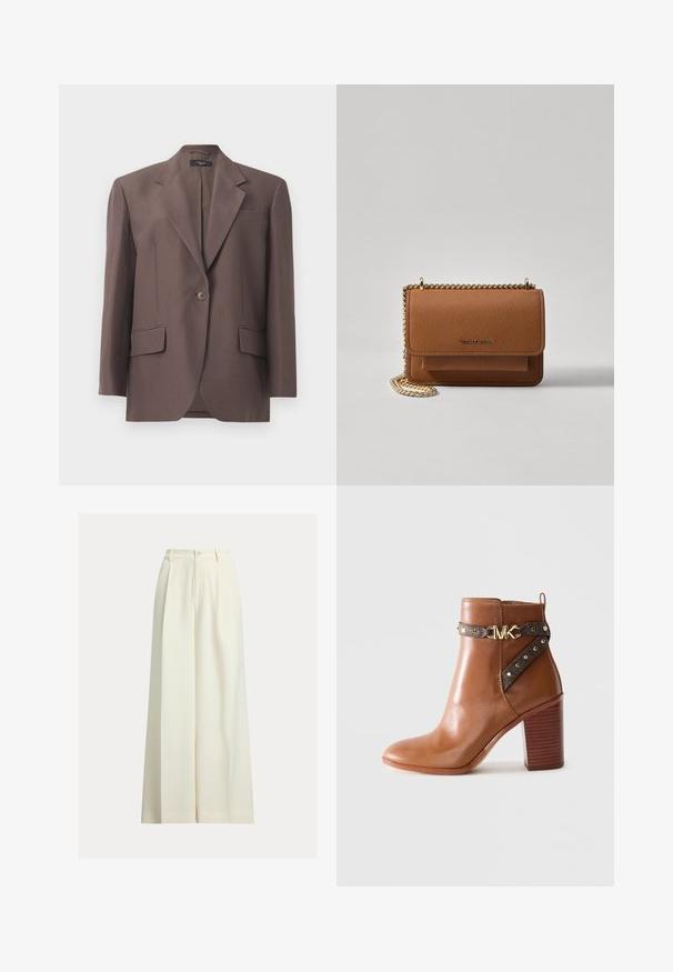 Bruine op maat gemaakte blazer met een gelapete kraag, enkele knoop, twee voorzakken en een gladde stofafwerking. Gemaakt van gestructureerd materiaal.; Korte mouwen, gestreepte top in crème en marineblauw, met een ronde halslijn en een boxy ontwerp van een textuurstof.; Crèmekleurige broek met wijde pijpen gemaakt van gladde stof, met een hoge taille, twee plooien aan de voorkant en een enkele knoopsluiting.; Bruine leren enkellaars met een gestapelde blokhak, zijriem met gouden studs en een gouden "MK" logo gesp.; Bruine lederen schoudertas met textuur, voorzien van een gouden kettingstrap en klepsluiting. De voorkant heeft een logo-detail en een zak onder de klep.