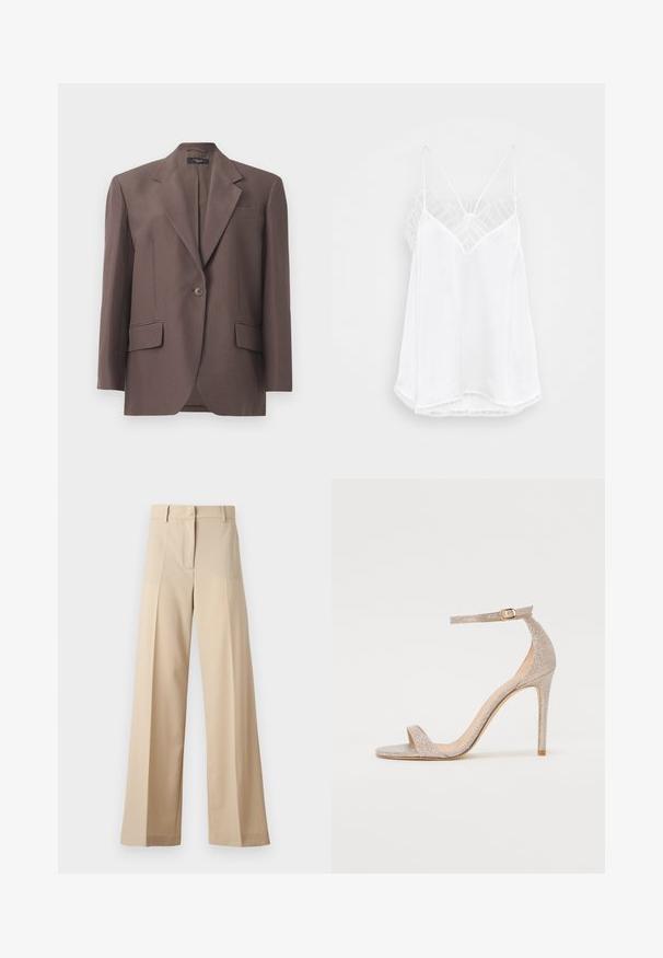 Brown tailored blazer with a notched lapel, single button, two front pockets, and a smooth fabric finish. Composed of structured material.; White camisole with a v-neck design, thin straps, textured lace accents at the shoulders, and a curved hemline. Smooth fabric texture.; Beige wide-leg trousers made of smooth fabric, featuring a flat front with pleats, a zip fly, and belt loops. Tailored fit overall.; Strappy high-heeled sandal in metallic rose gold, featuring a textured upper, open toe, and ankle strap with a gold buckle detail.