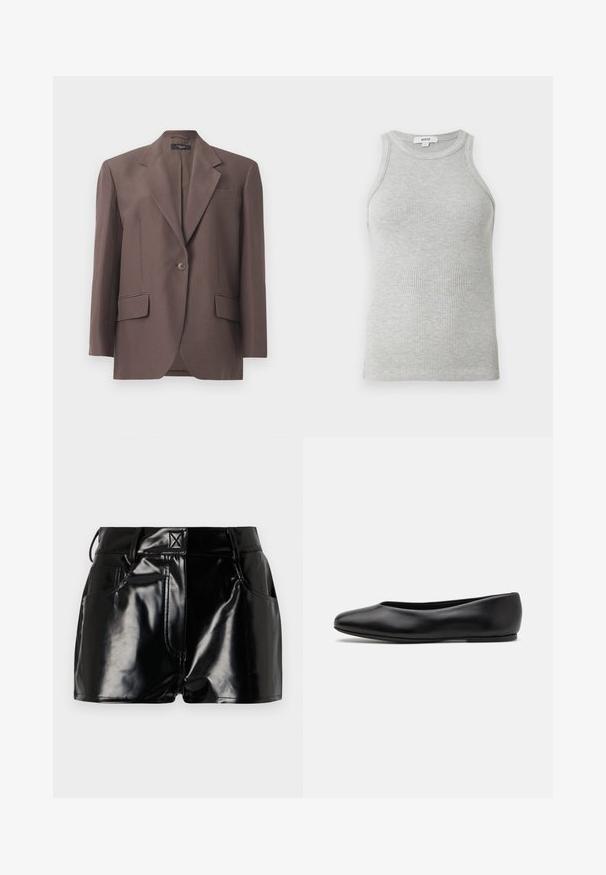 Hnědý vycházkový blejzr s klopou, jedním knoflíkem, dvěma předními kapsami a hladkým povrchem. Složený ze strukturovaného materiálu.; Šedý proužkovaný top bez rukávů s přiléhavým střihem, širokými průramky a zaobleným výstřihem. Vyrobeno z měkké bavlny s hladkou texturou.; Černé lesklé kraťasy vyrobené z umělého materiálu. Obsahují přiléhavý pas, poutka na opasek a přední kapsy s výraznými švy.; Paul Smith TOPANGA - Klasické baleríny - black