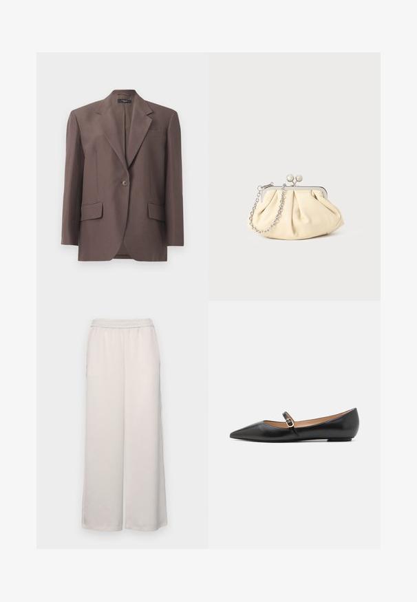 Barna szabott blézer, háromgombos nyakkivágással, egy gombbal, két elülső zsebbel és sima anyagú felülettel. Szilárd anyagból készült.; Fekete, rövid ujjú póló, puha pamutból készült, kerek nyakkivágással és klasszikus szabással. Sima textúra, minta vagy díszítés nélkül.; Világos bézs, bő szárú nadrág rugalmas derékkal. Sima anyag, teljes hosszúságú, látható díszítések vagy minták nélkül.; Fekete bőr balettlapok hegyes orral és oldalsó pánttal, amelyen egy kör alakú arany dísz található. Könnyű, lapos talpú.; Pleátolt bézs bőr válltáska ezüst fém kerettel, két kerek díszcsattal és ezüst lánc pánttal.