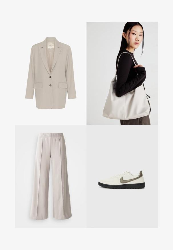 Blazer gri deschis din țesătură texturată, având guler cu vârfuri, două buzunare frontale și închidere cu nasturi în față.; Topuri fără mâneci, negre și crem, din bumbac, cu gât rotund și o textură netedă, stivuite cu etichete vizibile.; Pantaloni largi de culoare gri deschis, confecționați dintr-un material neted. Au o talie elastică și un logo Nike negru pe partea stângă.; Nike Sportswear FIELD GENERAL - Sneakers low - off-white/black; Geantă bej din material moale, cu un design lejer, detalii cusute și două bretele pentru umăr. Potrivită pentru utilizarea zilnică.