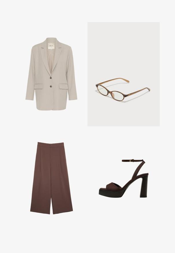 Hellgrauer Blazer aus strukturiertem Stoff mit einem Reverskragen, zwei vorderen Taschen und einer Verschlussleiste mit Knöpfen.; Braunes ärmelloses Oberteil mit quadratischem Ausschnitt, aus weichem, dehnbarem Stoff gefertigt. Verfügt über ein figurbetontes Design und flache Nähte.; Braune Weite-Leg-Hosen mit einer glatten Textur, hoher Taille und Vorderfalten. Der Stoff ist leicht und fällt locker.; Braune Wildleder-Pumps mit offenem Zeh, verstellbarem Knöchelriemen und gestreiftem Plateausohlen.; Braune Schildpatt-Brille mit ovalen Gläsern, dünnen Bügeln und transparenten Akzenten. Verfügt über ein dezentes Logo am Bügel. Elegantes, leichtes Design.