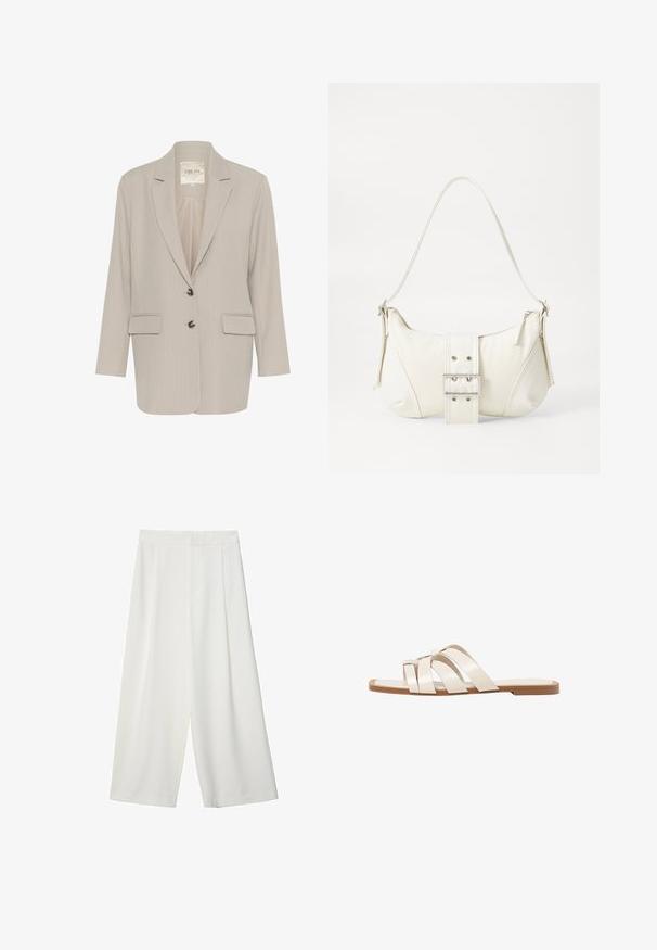 Hellgrauer Blazer aus strukturiertem Stoff mit einem Reverskragen, zwei vorderen Taschen und einer Verschlussleiste mit Knöpfen.; Weißes T-Shirt mit kurzen Ärmeln aus Baumwolle. Hat einen Rundhalsausschnitt und eine lockere Passform. Glatte Textur ohne sichtbare Muster oder Akzente.; Weiße, weite, knöchellange Hosen mit glatter Textur, flachem Vorderteil und ohne sichtbare Verschlüsse oder Taschen.; Flache Sandalen mit einer honigfarbenen Gummisohle, gestaltet mit drei überlappenden weißen Lederriemen und einem kleinen Schleifendetail in der Mitte.; Weiße Schultertasche mit texturierter Oberfläche, zentralem Schnallenakzent und geschwungener Form. Reißverschluss an beiden Seiten.