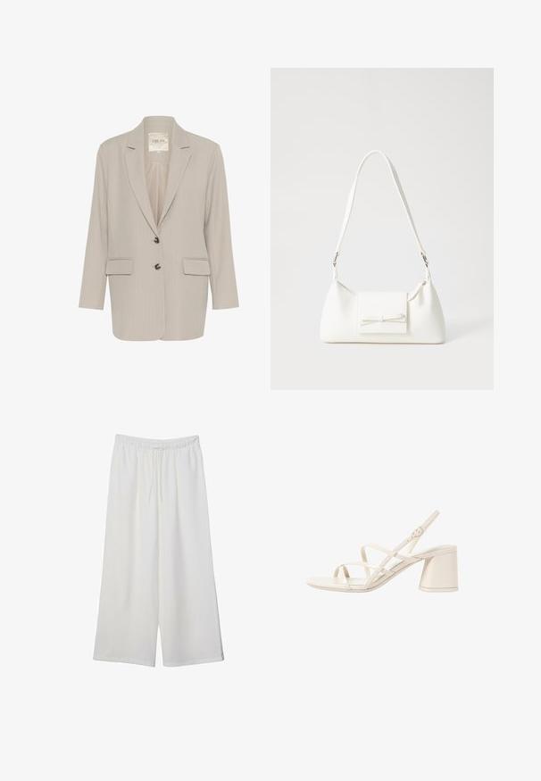 Svetlosivý blejzer vyrobený z textúrovanej tkaniny, so zúženým golierom, dvoma prednými vreckami a zapínaním na predných gombíkoch.; Biela krátka T-shirt s voľným strihom a zlaceným textúrou v oblasti pása. Vyrobená z mäkkého, ľahkého materiálu.; Biele široké nohavice z ľahkého materiálu s elastickým pásom a šnúrkou na nastavenie veľkosti. Hladká textúra.; Béžové sandále na podpätku s jemnými, prekrývajúcimi sa remienkami, otvorenou špičkou a štvorcovým blokovým podpätkom. Hladký lesklý povrch, nastaviteľný remienok na členku.; Biela syntetická kabelka s trojuholníkovým tvarom, plochým predným klapkou a detailom mašle, nastaviteľným popruhom, hladkou textúrou a minimalistickým dizajnom.