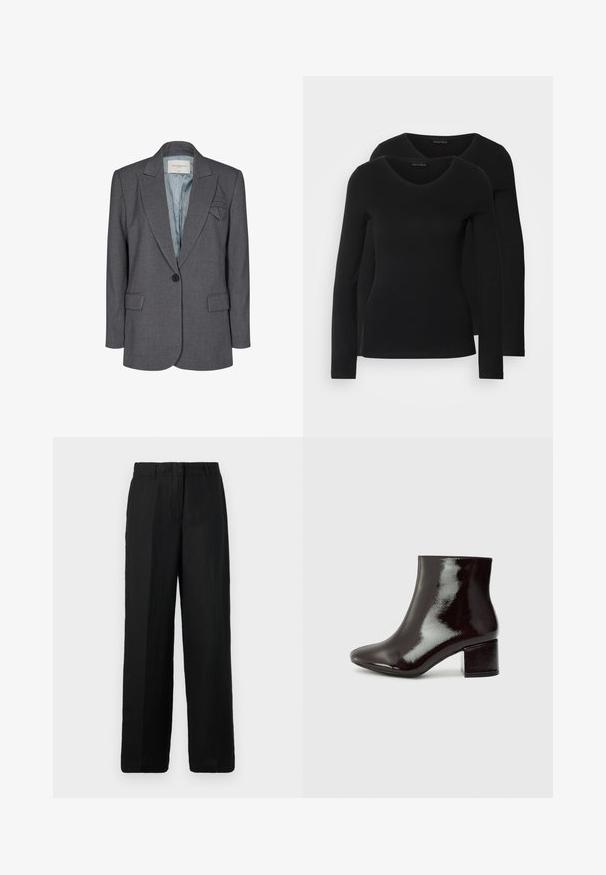 Gray tailored blazer with a notched lapel, single button closure, two front pockets, and a light blue patterned lining.; Two black long-sleeve shirts with a V-neck design, made of soft, stretchy fabric, showing smooth texture and a fitted shape.; Black wide-leg pants made from a lightweight fabric. Features a flat front with belt loops and side pockets, providing a relaxed fit.; Black patent leather ankle boots with a pointed toe and a chunky heel. Smooth texture with a subtle sheen and clean lines, minimalist design.