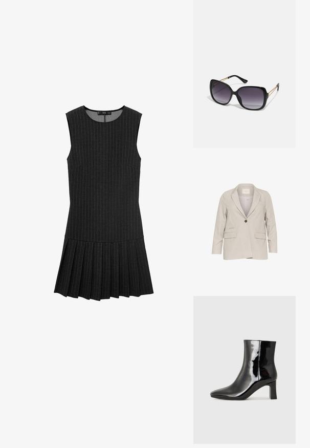 Svetlošedý blazer s jedným gombíkom, s výstrihom do špica, dvoma prednými vreckami a jemnými vertikálnymi pruhmi. Štandardný strih, dlhé rukávy.; Čierne bezramienkové šaty so zvislými pruhmi, priliehavým živôtikom a skladanou sukňou. Materiál je hladký s jemne textúrovaným povrchom.; Čierne lakované členkové topánky s špicatou špičkou a stredne vysokým blokovým podpätkom. Hladká textúra a minimalistický dizajn.; Čierne oversized slnečné okuliare s gradientovými sklíčkami, hrubými rámami a zlatým retiazkovým detailom na stranách.