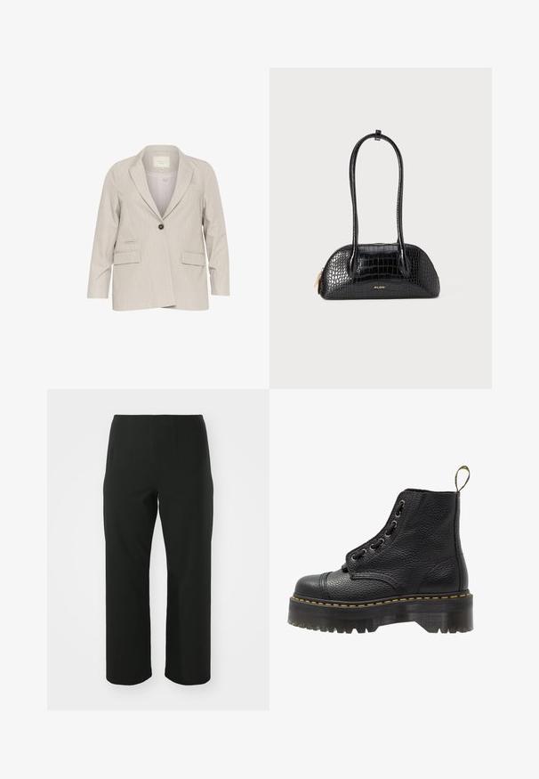 Blazer grigio chiaro con chiusura a un bottone, revers a punta, due tasche frontali e sottili righe verticali. Vestibilità standard, maniche lunghe.; Top nero con maniche lunghe in pizzo, caratterizzato da un corpo interamente nero e dettagli in pizzo floreale. Collo tondo con texture liscia.; Vero Moda Curve VMCAUGUSTA PANT - Pantaloni - black; Stivale alla caviglia in pelle nera con superficie testurizzata, punta tonda, design con lacci, cuciture gialle e una suola piatta nera spessa e scanalata.; Borsa nera con motivo coccodrillo, dal texture liscia, forma arrotondata e due manici sottili. Accento del logo dorato vicino alla base.; Orecchini a cerchio in metallo argentato, di forma ovale, design sottile, leggeri, con una texture liscia e una chiusura sicura per un facile utilizzo.