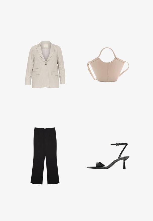 Ljusgrå blazer med enknappsstängning, spetsiga slag, två framfickor och subtila vertikala ränder. Standardpassform, långärmad.; Svart ärmlös topp i slät tyg, med rundad halsringning och en figursydd design utan synliga mönster eller utsmyckningar.; Svarta byxor med rak passform, utrustade med framfickor och sidoklyvningar vid fållen. Tillverkade av mjukt, slätt tyg. Lämpliga för olika tillfällen.; Bershka Sandaletter - black; Beige läderhandväska med en unik form, med två korta handtag och ett långt justerbart axelband. Slät textur med minimal hårdvara.