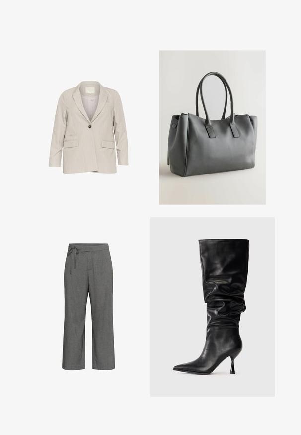 Világosszürke blazer egy gombos zárással, kihúzott revervekkel, két elülső zsebbel és diszkrét függőleges csíkokkal. Szabványos fit, hosszú ujjak.; Öt darab crop top szett: fekete, sötétbarna, olíva, bézs fehér csíkokkal, és fehér. Rugalmas anyagból készült, varrás nélküli kialakítással, amely jól illeszkedik.; Szürke, széles lábú nadrág, finom csíkozással, magas derékkal és megkötős övvel a deréknál.; Fekete bőr térd fölé érő csizma laza kialakítással, hegyes orral és vékony tűsarkúval, amely sima textúrával és minimális díszítéssel rendelkezik.; Szürke bőrtáska dupla fogantyúval, téglalap alakú, sima textúrával és minimális designnal. Lapos oldalpanelekkel és diszkrét varrással rendelkezik.
