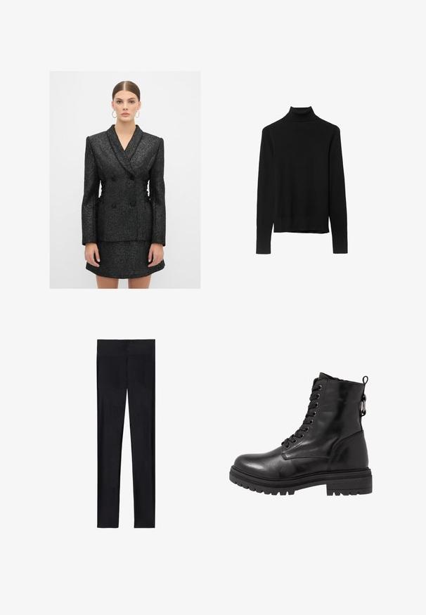 Czarna dwurzędowa marynarka z teksturowanej tkaniny, z marszczeniami po bokach i dużymi czarnymi guzikami, w połączeniu z pasującą czarną mini spódnicą.; Czarny sweter z golfem wykonany z miękkiej dzianiny. Posiada długie rękawy oraz dopasowany krój z prostym wykończeniem.; Czarne legginsy wykonane z elastycznego materiału; charakteryzują się gładką teksturą, pełną długością i elastycznym pasem bez widocznych szwów.; Czarny skórzany botek za kostkę z okrągłym noskiem, sznurówką z przodu i teksturowaną gumową podeszwą. Posiada pętelkę z tyłu i wzmocnione szwy.