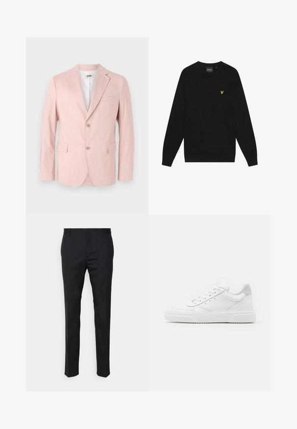 Blazer rosa chiaro realizzato in tessuto testurizzato, con rever a punta, due bottoni, due tasche frontali e una tasca sul petto.; Felpa nera in cotone con maniche lunghe e collo rotondo. Presenta un piccolo logo giallo a forma di aquila sul petto. Texture morbida.; Pantaloni neri su misura con una vestibilità dritta, realizzati in tessuto liscio. Presentano passanti per cintura e dettagli di piega lungo la parte anteriore.; Sneaker bianche in pelle con finitura liscia, punta arrotondata, lacci piatti e suola texturizzata. Accento in suede grigio sul tallone.