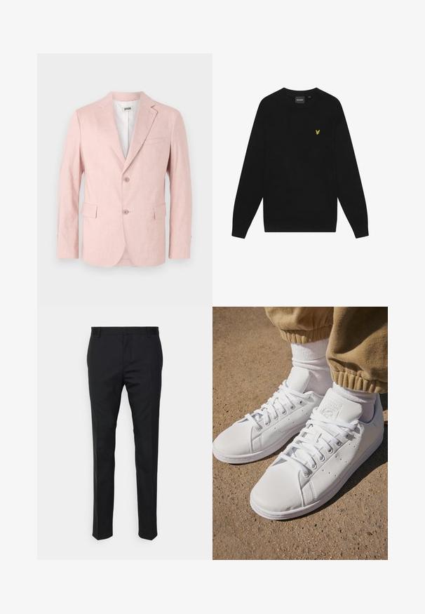 Lyserød blazer lavet af tekstureret stof, med en klapkrave, to knapper, to forreste lommer og en enkelt brystlomme.; Sort bomulds sweatshirts med lange ærmer og rund hals. Har et lille gult ørnelogo på brystet. Blød tekstur.; Sorte skræddersyede bukser med lige pasform, fremstillet af glat stof. Har bæltestropper og foldedetalje foran.; Hvide lædersneakers med en glat overflade, der har et klassisk snørebånddesign, perforeringer for åndbarhed og en tekstureret gummisål.